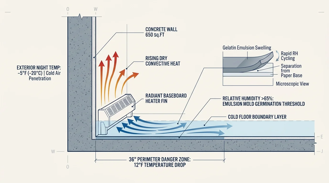 Diagram of baseboard heat rising while cold floor air pools within a 36-inch zone along a concrete wall.