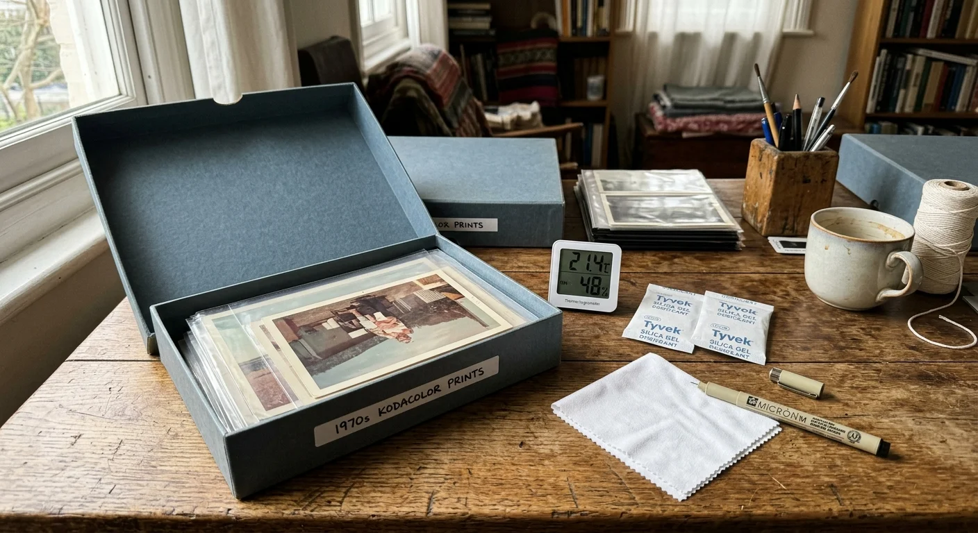 Archival boxes labeled for prints on a wooden desk beside a digital thermometer, silica gel packets, and a pen.