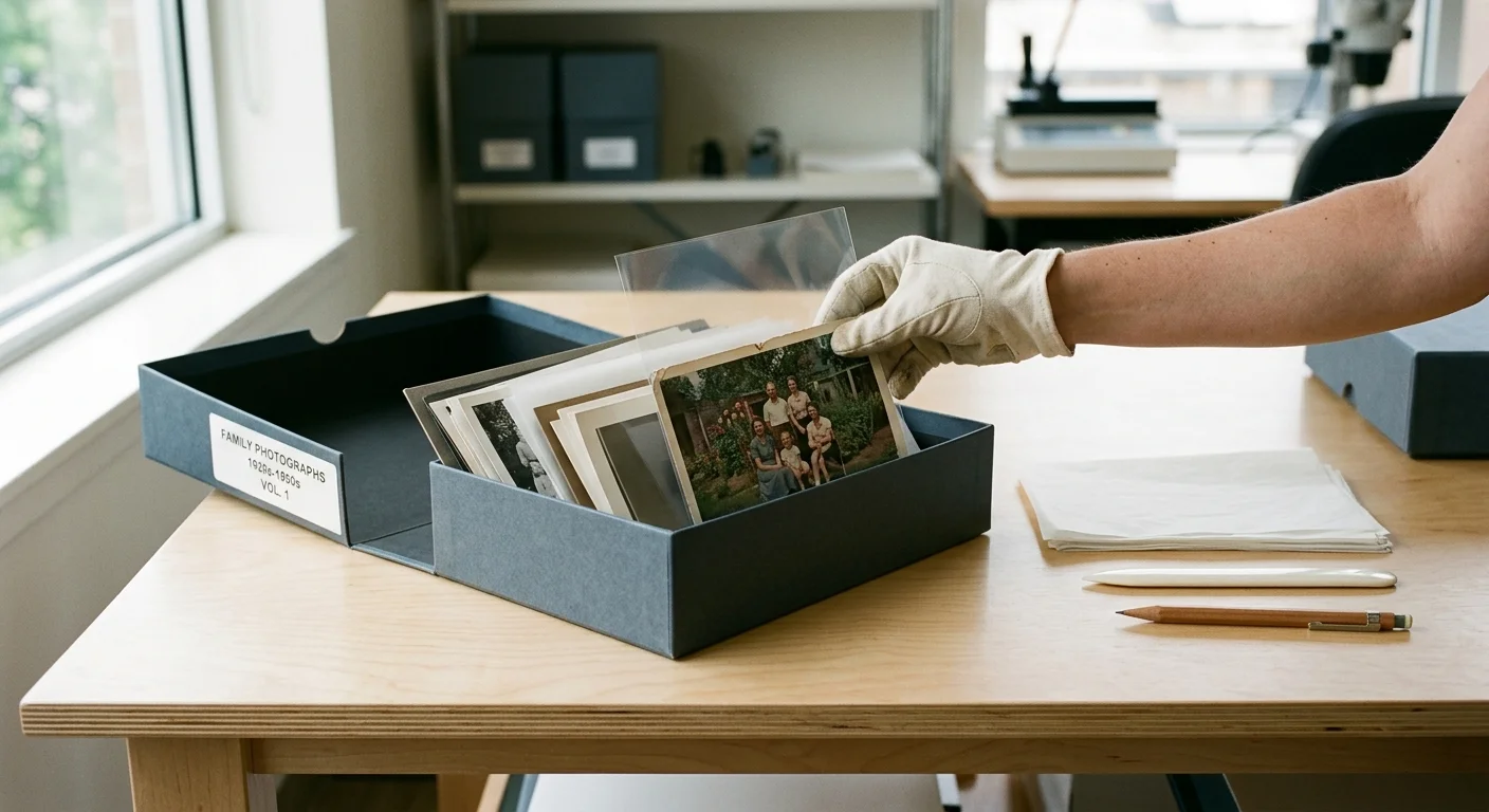 A gloved hand places an archival plastic sleeve containing a vintage family photograph into an open archival storage box.