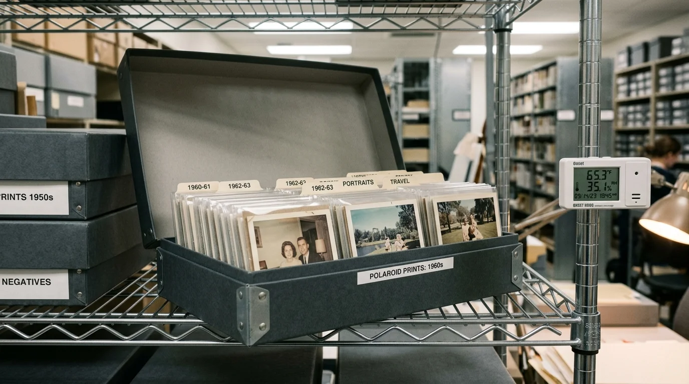 Open archival box of sleeved vintage photos on a wire shelf beside a digital temperature and humidity monitor.