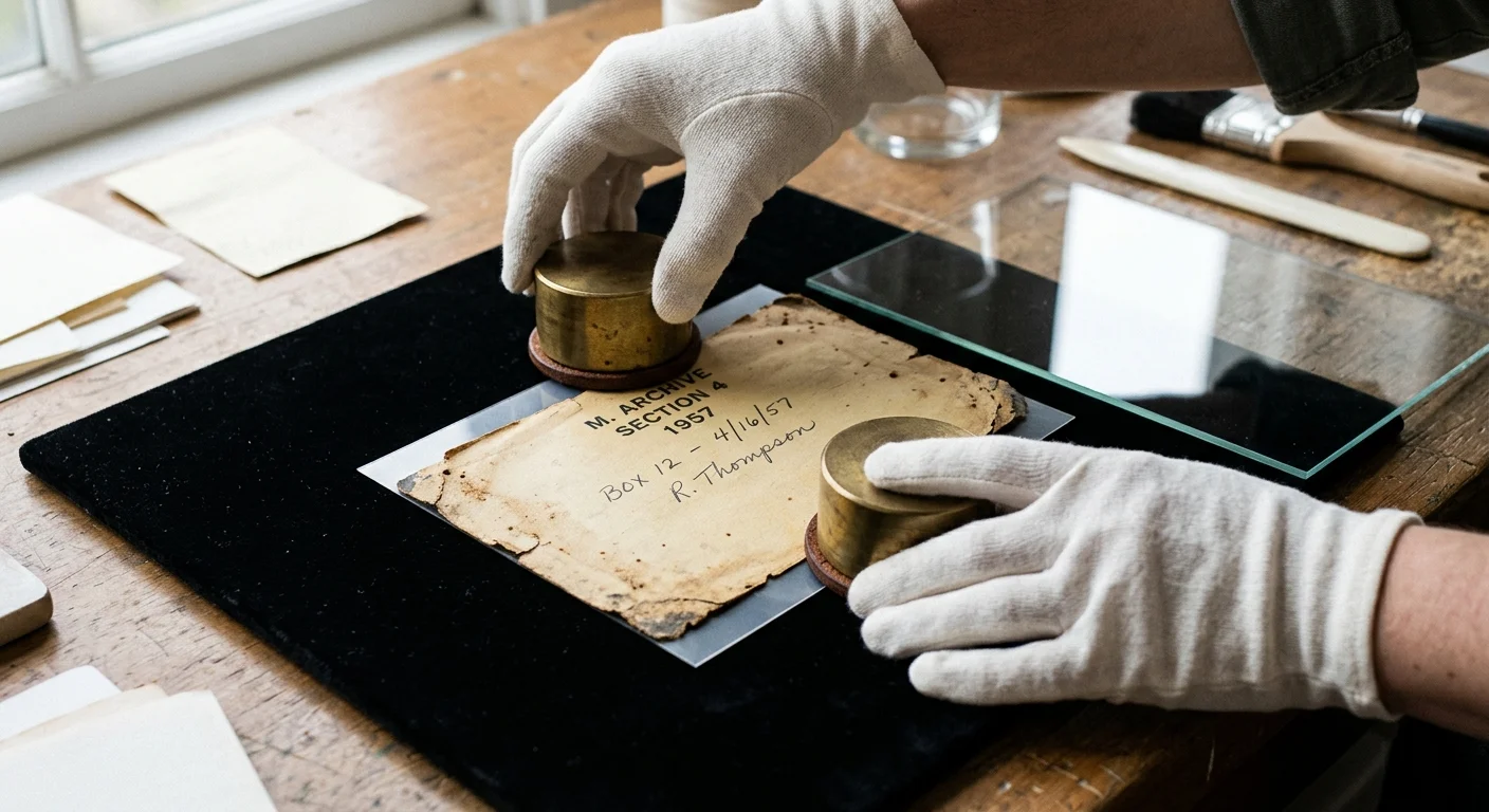 Gloved hands placing brass weights over a fragile, yellowed paper card set on black velvet to flatten it.