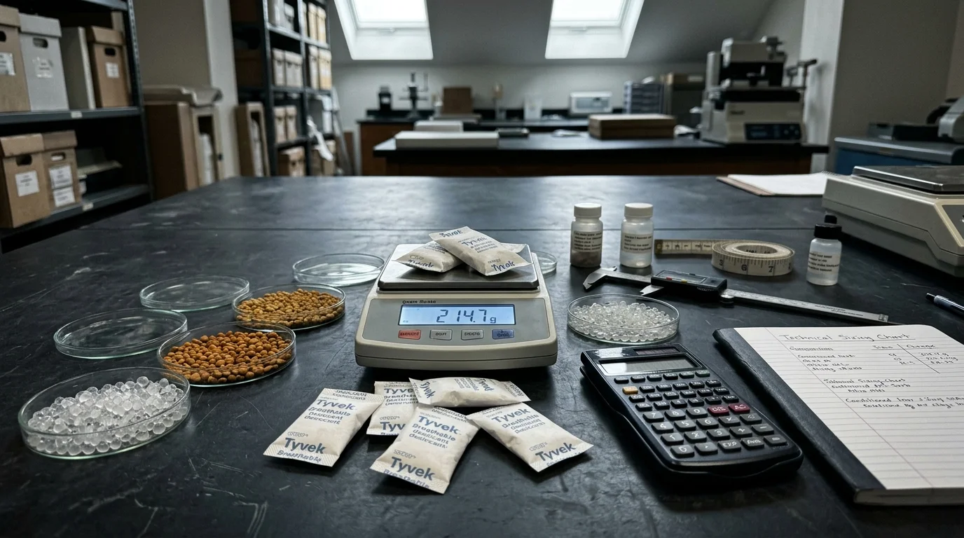 Desiccant packets on a digital scale beside petri dishes of beads, a calculator, and a notebook on a laboratory workbench.