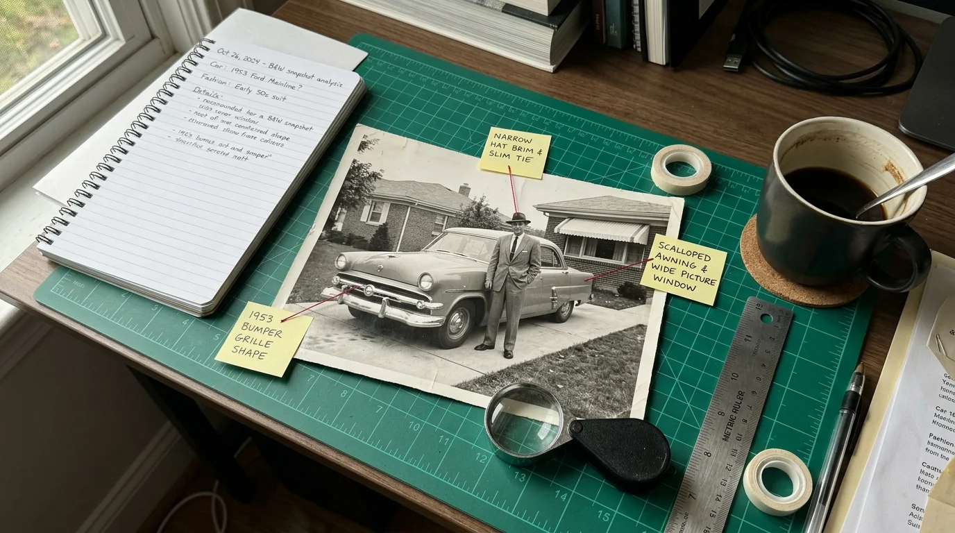 A vintage photo of a man beside a car on a green cutting mat with sticky notes, a magnifying loupe, and notes.