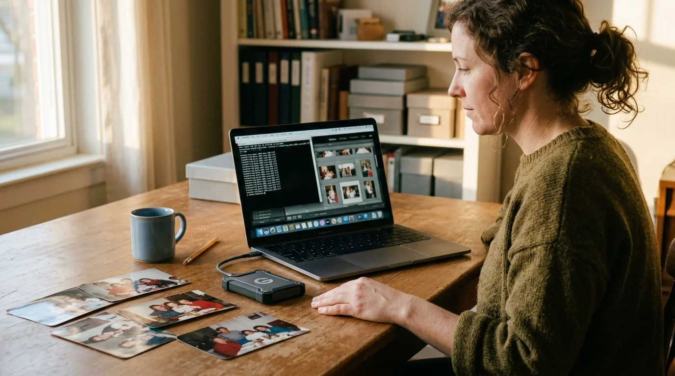 Woman at a wooden desk viewing terminal code and photo scans on a laptop connected to an external hard drive.