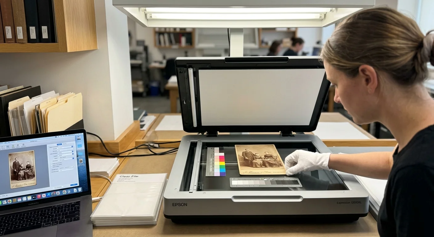 A woman wearing a white glove places a vintage cabinet card photo alongside color calibration targets on a flatbed scanner.