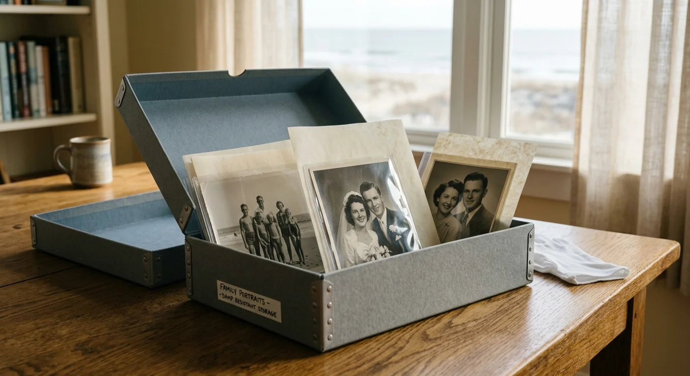 Open archival box holding sleeved black-and-white family portraits on a wooden table beside a bright window.