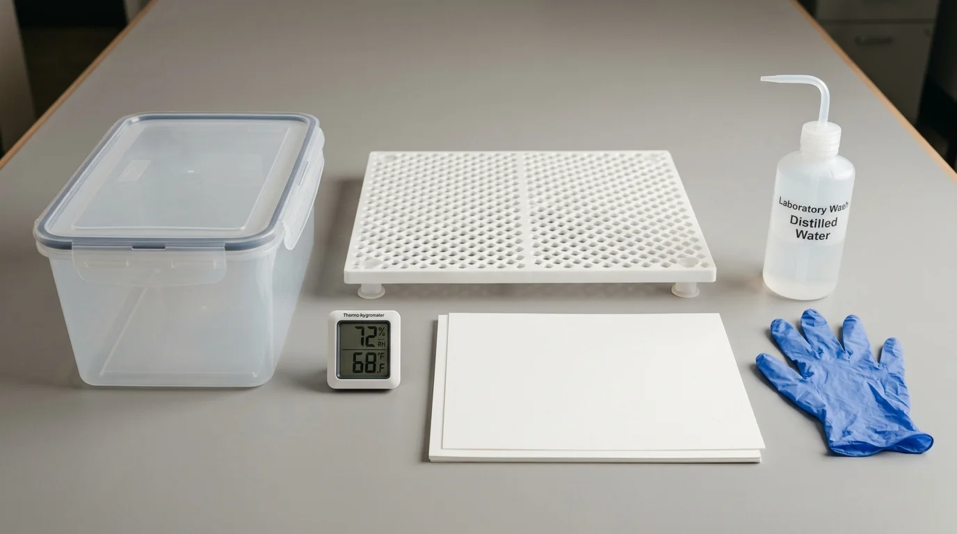 Plastic container, white grid rack, wash bottle of distilled water, digital hygrometer, paper, and blue glove on a table.