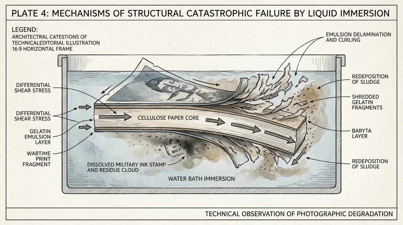 Diagram of a photograph submerged in water, showing layers peeling, curling, and breaking into shredded fragments.