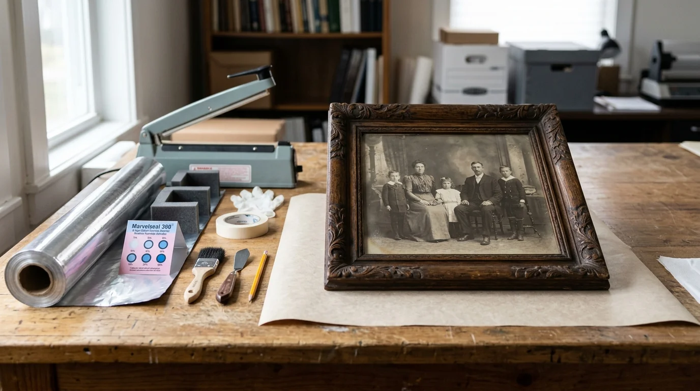 Framed vintage family portrait on a wooden workbench beside a heat sealer, foil roll, humidity card, and tools.
