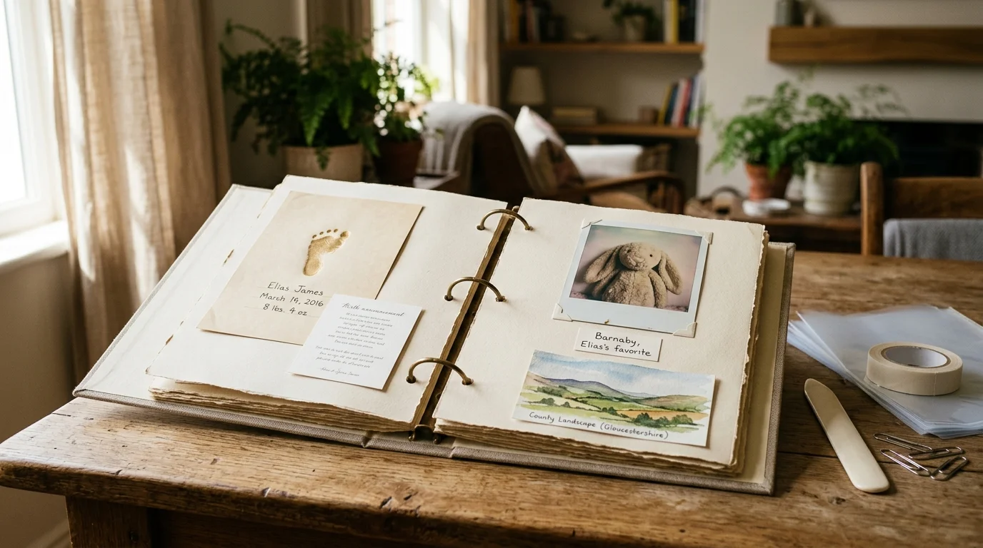 Open ring-bound lifebook on a wooden desk displaying baby footprints, a plush rabbit photo, and a painted landscape card.