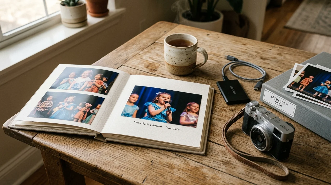 Open photo album displaying recital prints, a digital camera, portable hard drive, and mug on a wooden table.