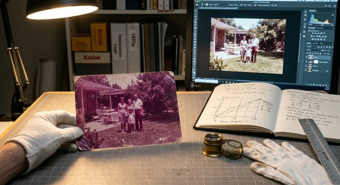 Gloved hand holding a faded magenta family photograph on a desk beside an open notebook and a restored digital version on a screen.