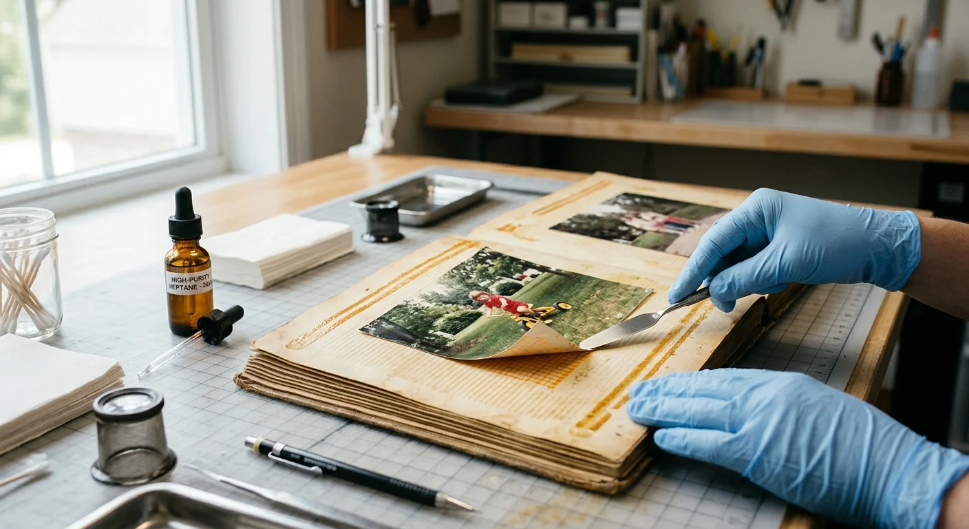 Gloved hands lift a vintage photo from a yellowed album page using a small metal spatula beside a solvent bottle.