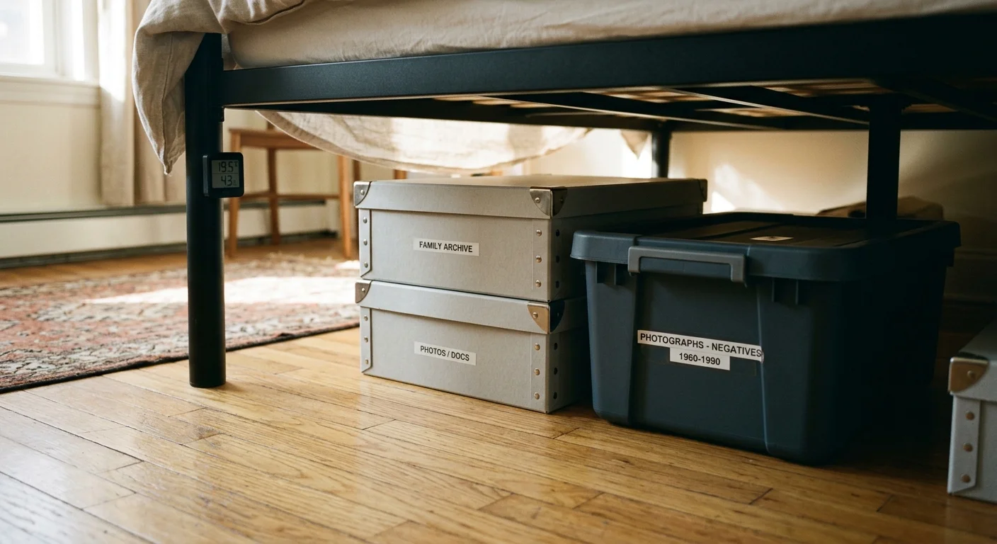 Labeled storage boxes and a plastic bin sit under a raised metal bed frame beside a small digital monitor.