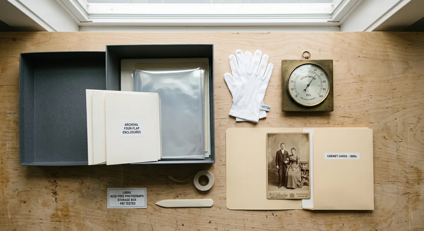 Archival storage box, white cotton gloves, vintage hygrometer, folders, and an antique cabinet card on a wooden table.