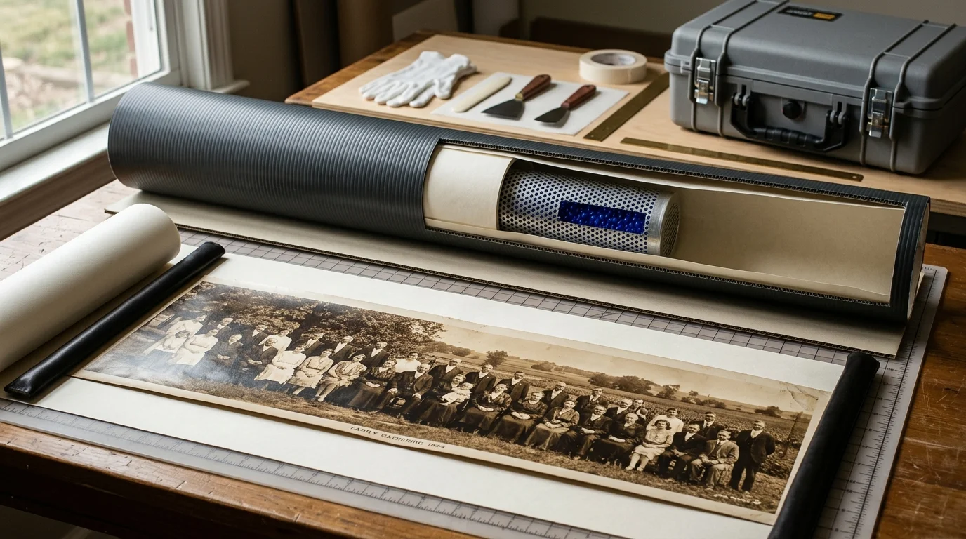 Panoramic photo unrolled on a work table beneath an archival storage tube cut open to reveal a desiccant cylinder.