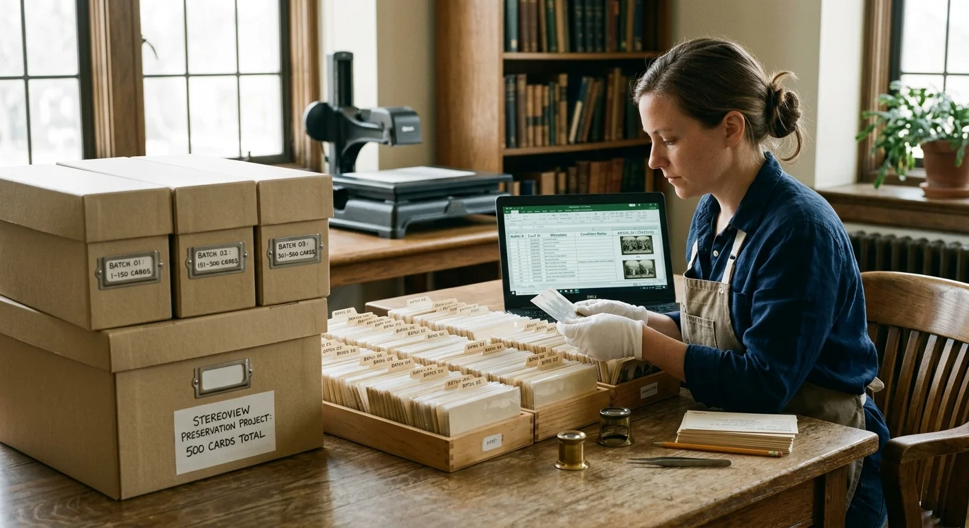 A woman wearing gloves catalogs cards from wooden trays at a desk beside archive boxes, a laptop, and a scanner.
