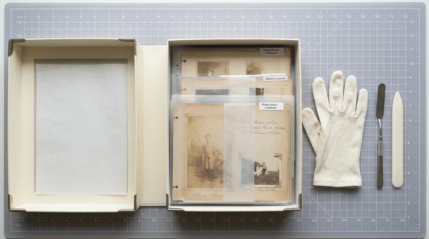 Archival storage box containing sleeved vintage photographs, alongside a cotton glove, spatula, and bone folder on a grid mat.