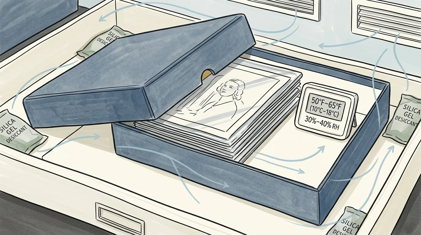 Illustration of an archival box with photographs, a digital hygrometer, and silica gel packets inside a drawer.