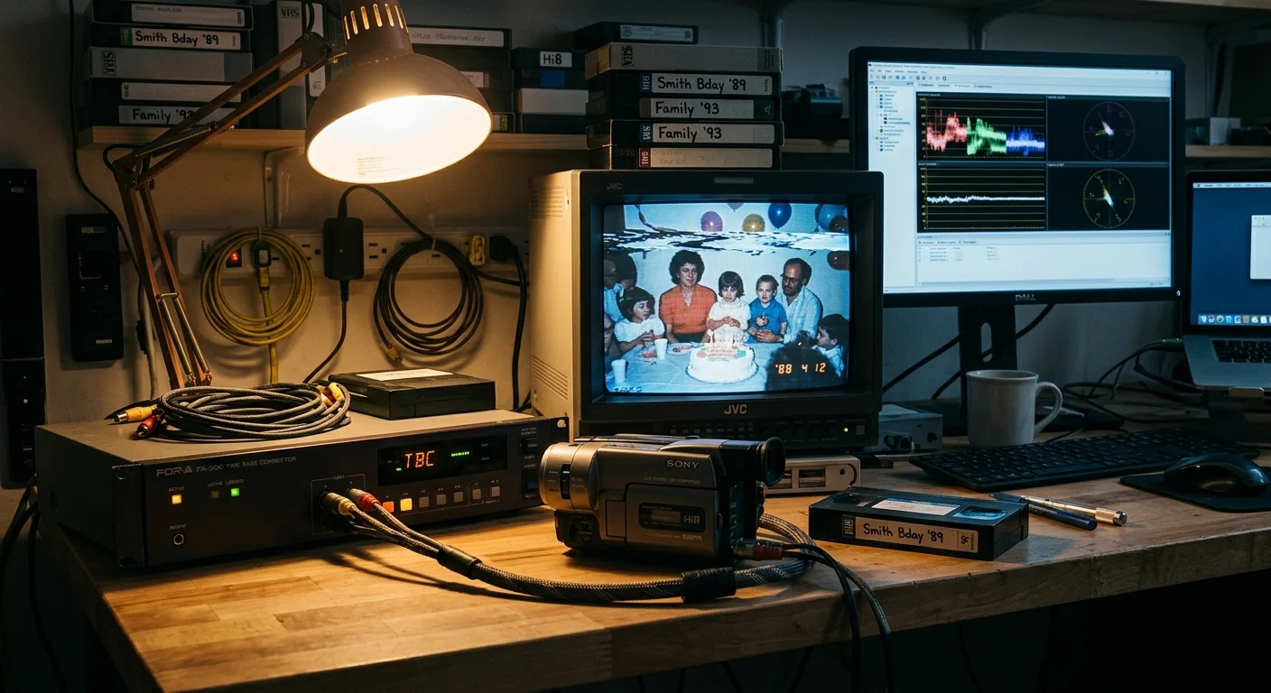 Video editing desk with a time base corrector unit, camcorder, CRT monitor displaying home footage, and computer screen.