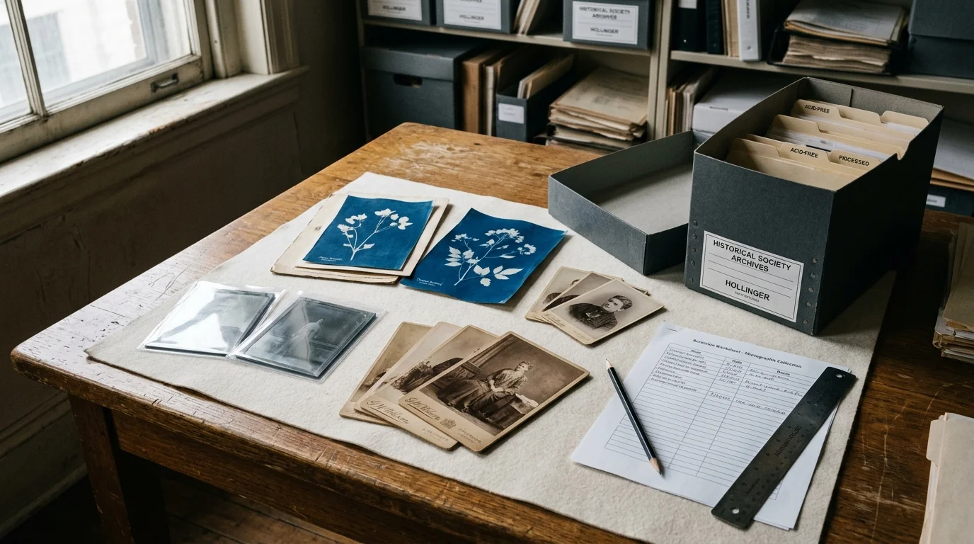 Vintage photographs, cyanotypes, an archival storage box, and a cataloging worksheet arranged on a wooden table.