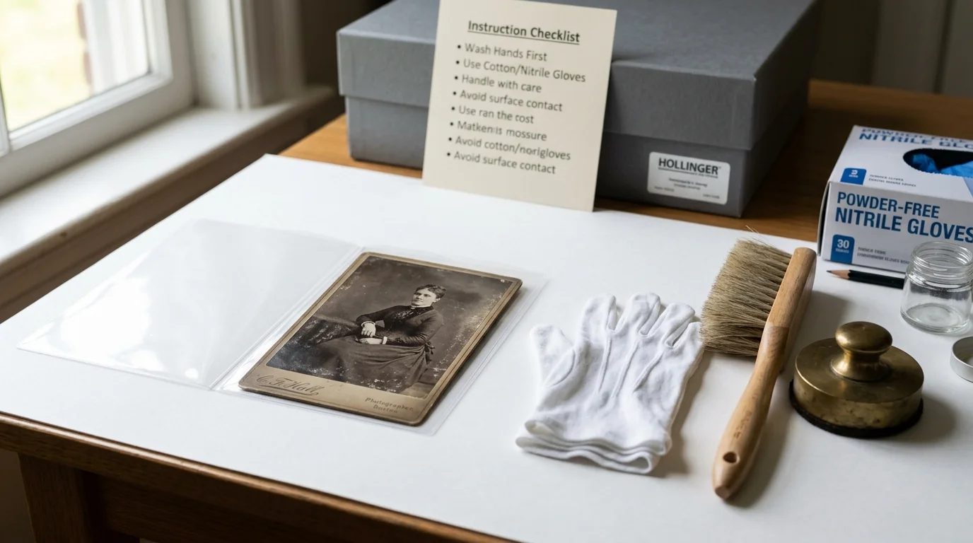 Vintage photograph, white cotton gloves, cleaning brush, brass weight, checklist, and archival box on a table.