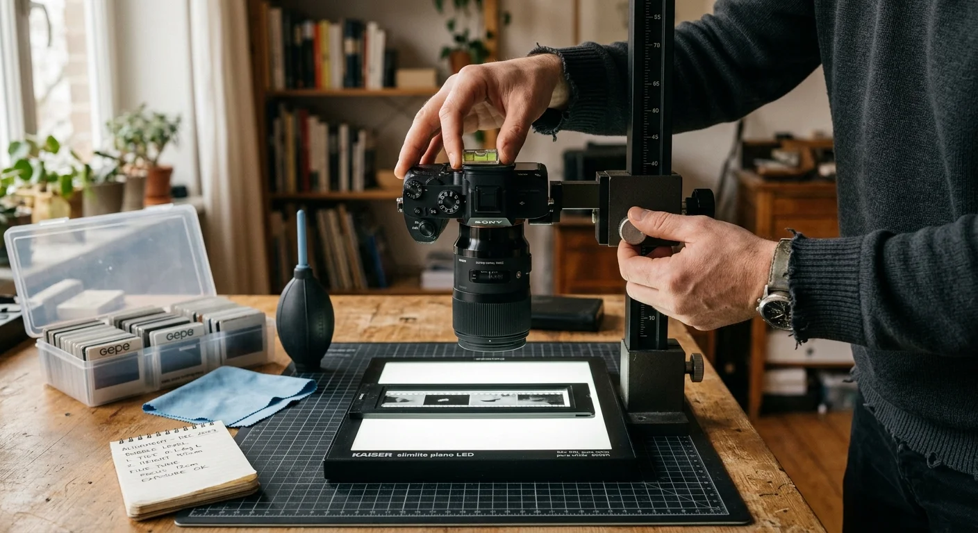 A person adjusts a camera mounted on a vertical copy stand over a light pad holding film strips.