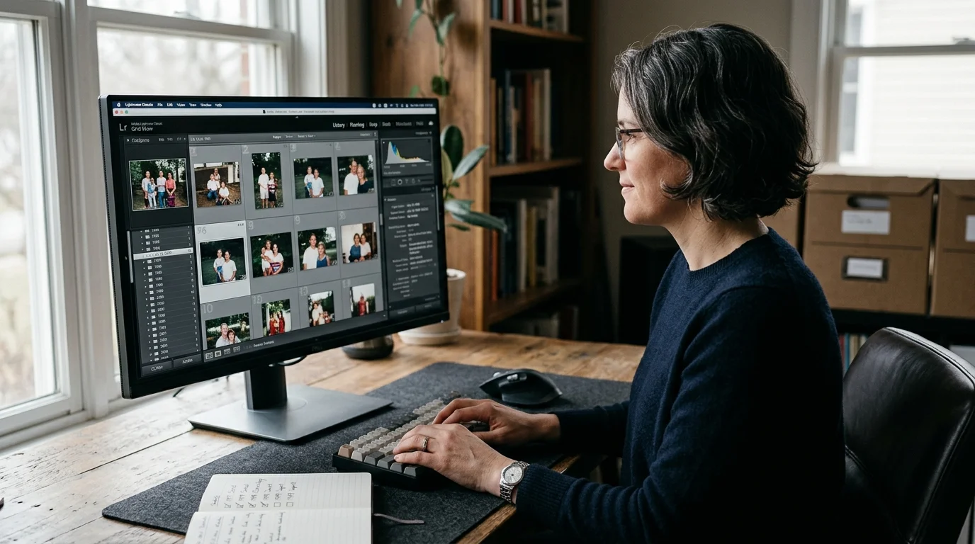 A woman sits at a wooden desk viewing a grid of family photographs in Lightroom Classic on a desktop monitor.