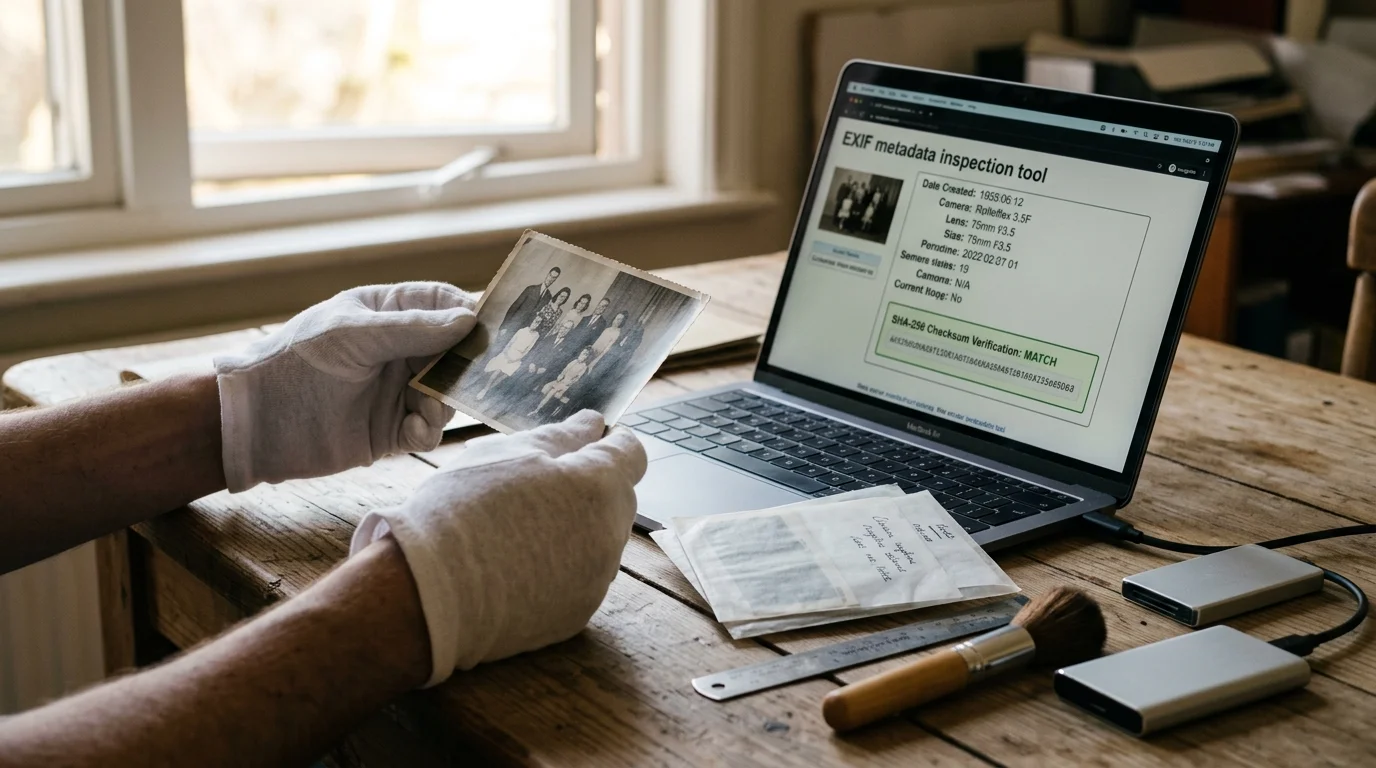 Gloved hands holding an archival family photograph beside a laptop running an EXIF metadata inspection tool.