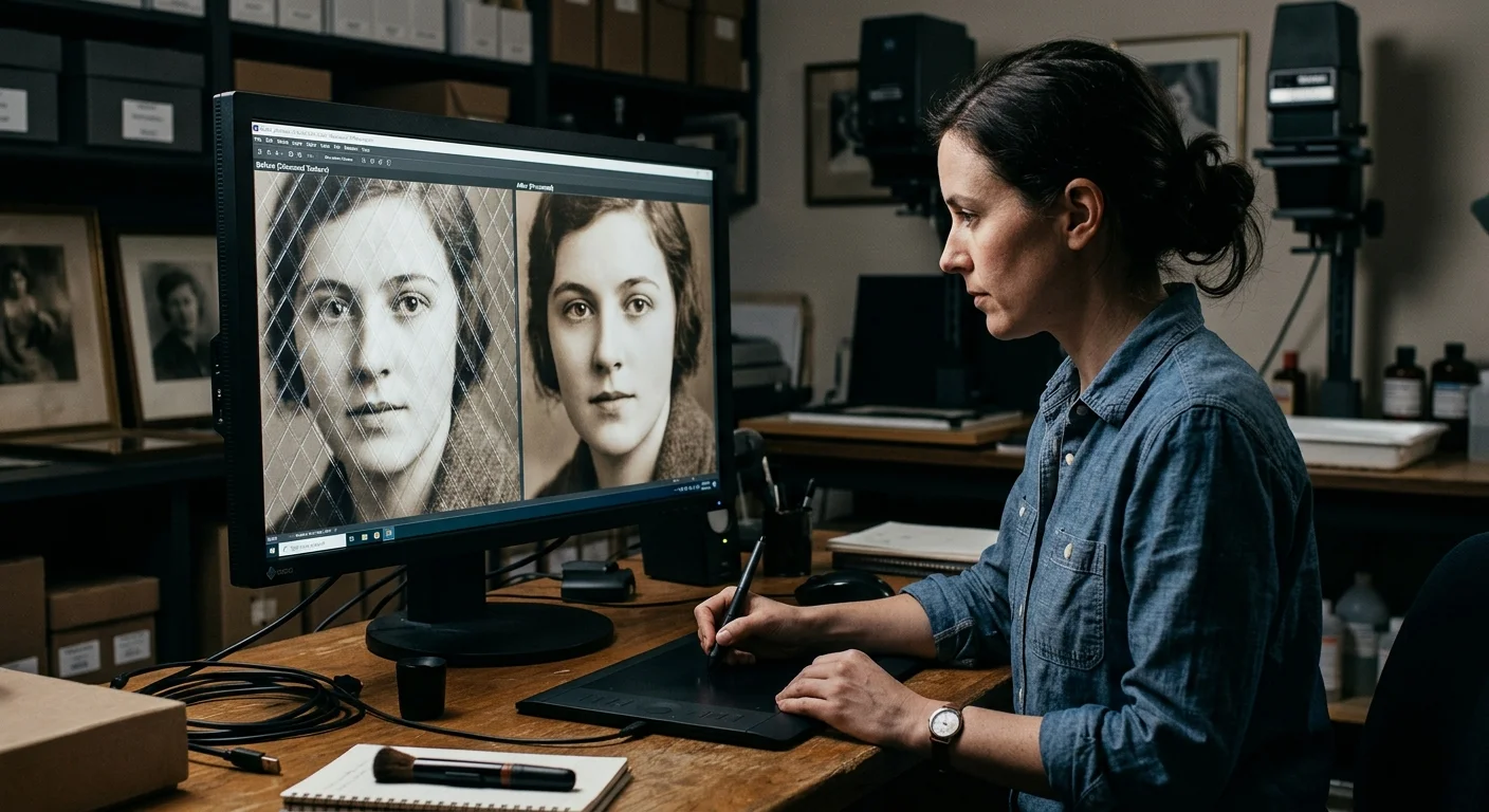 A woman sits at a desk using a digital tablet, comparing before and after restoration views of a vintage portrait on a monitor.