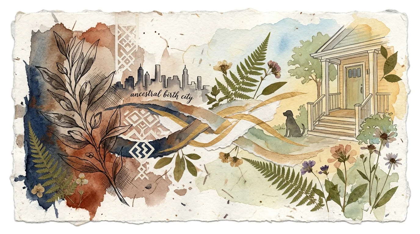 Watercolor collage linking an ancestral city skyline and botanical motifs to a suburban porch with a dog.