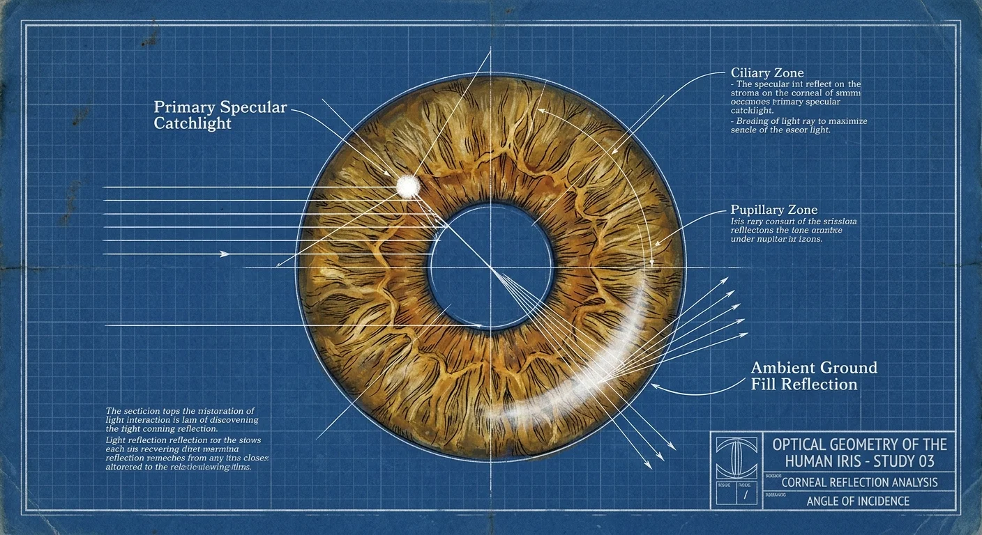 Blueprint diagram of a human iris detailing light reflection angles, primary specular catchlight, and corneal zones.