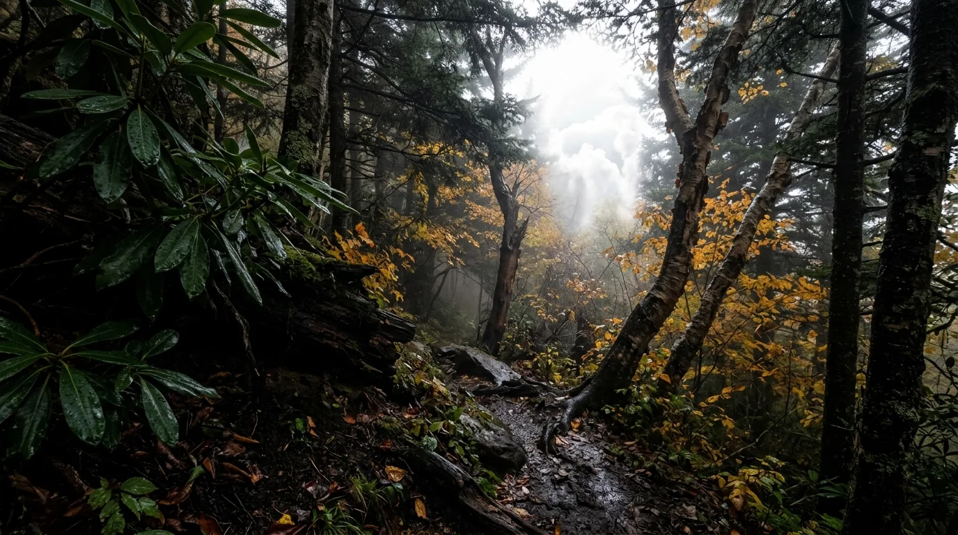 Misty mountain forest trail with wet leaves, rhododendrons, yellow birch trees, and bright white fog breaking through canopy.