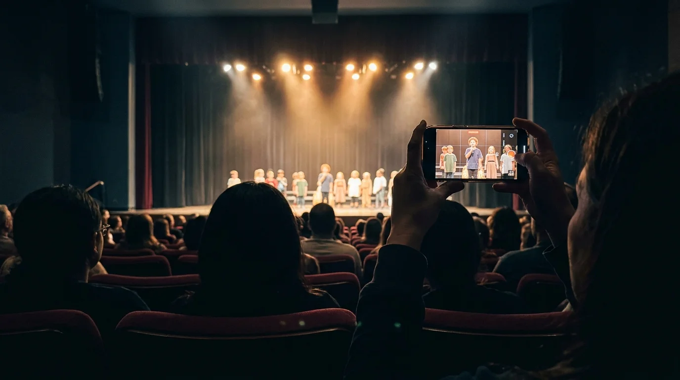 Audience members in a dark theater watching children perform on a brightly lit stage while recording on a smartphone.