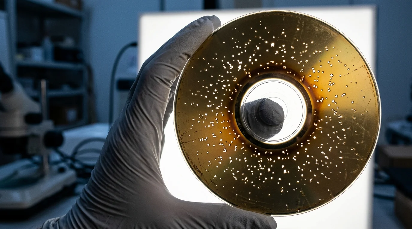 A gloved hand holds a bronzed compact disc up to a bright light panel, revealing numerous tiny pinholes in the surface.