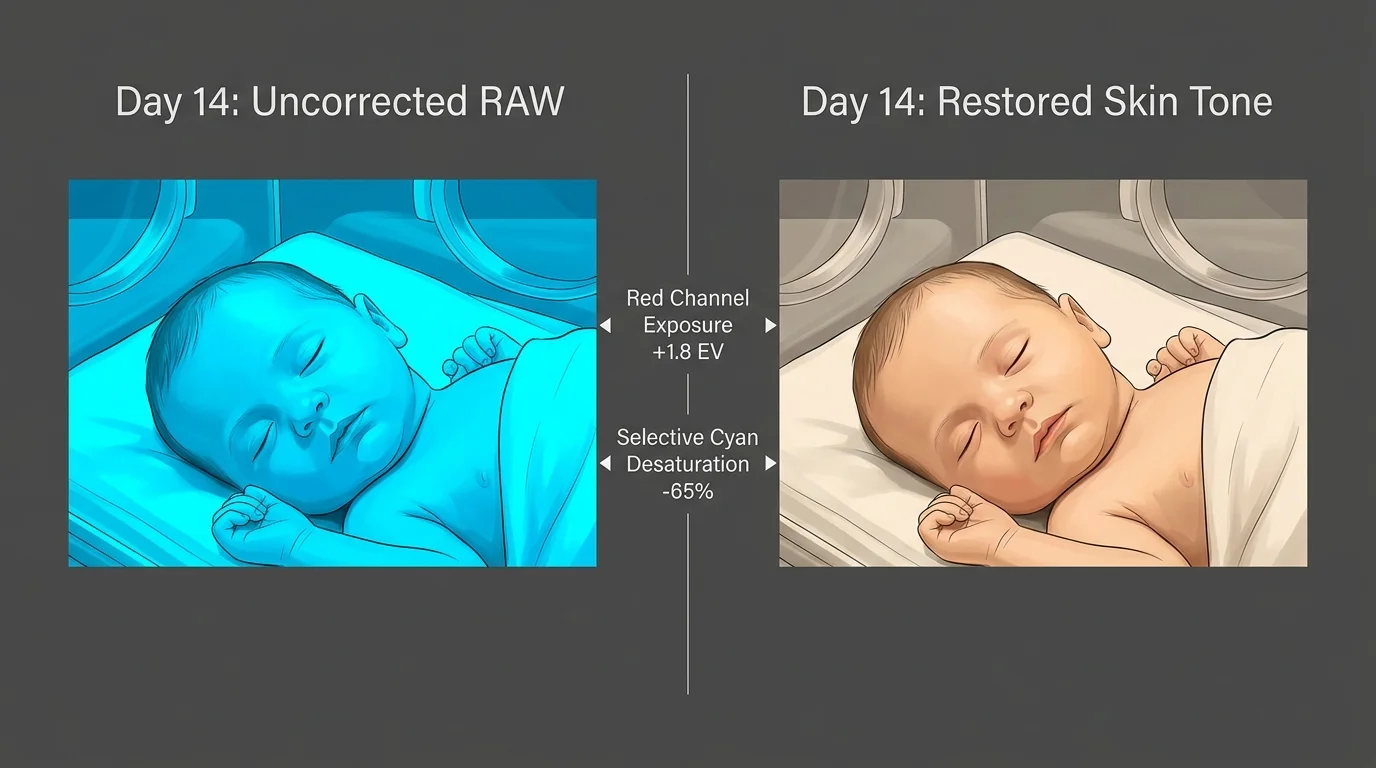 Side-by-side comparison of a baby under blue phototherapy light transformed to natural skin tones with color adjustments.