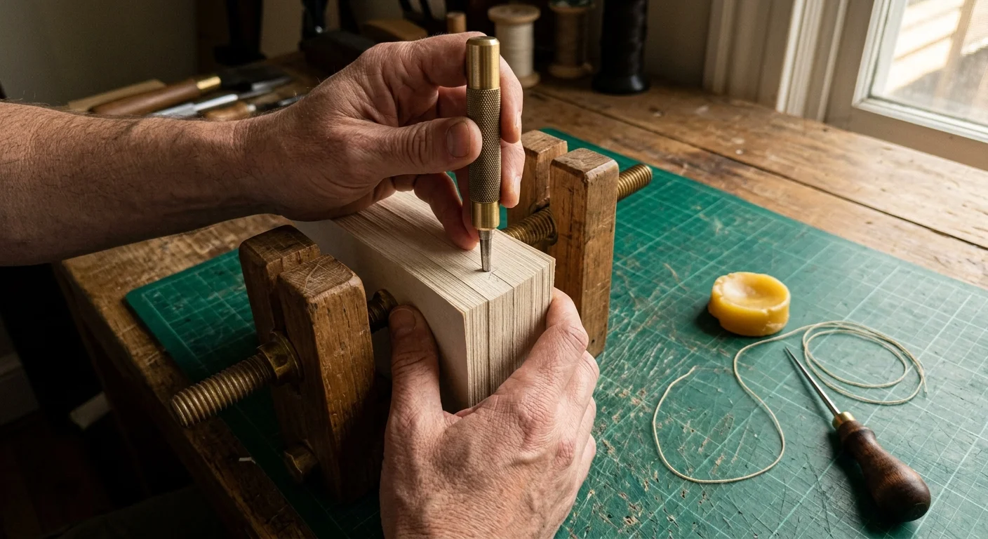 Hands using a brass screw punch on a paper stack held in a wooden bookbinding clamp on a green cutting mat.