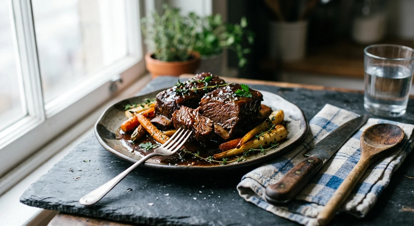 Braised short ribs and roasted root vegetables on a plate near a bright window beside cutlery and a glass of water.