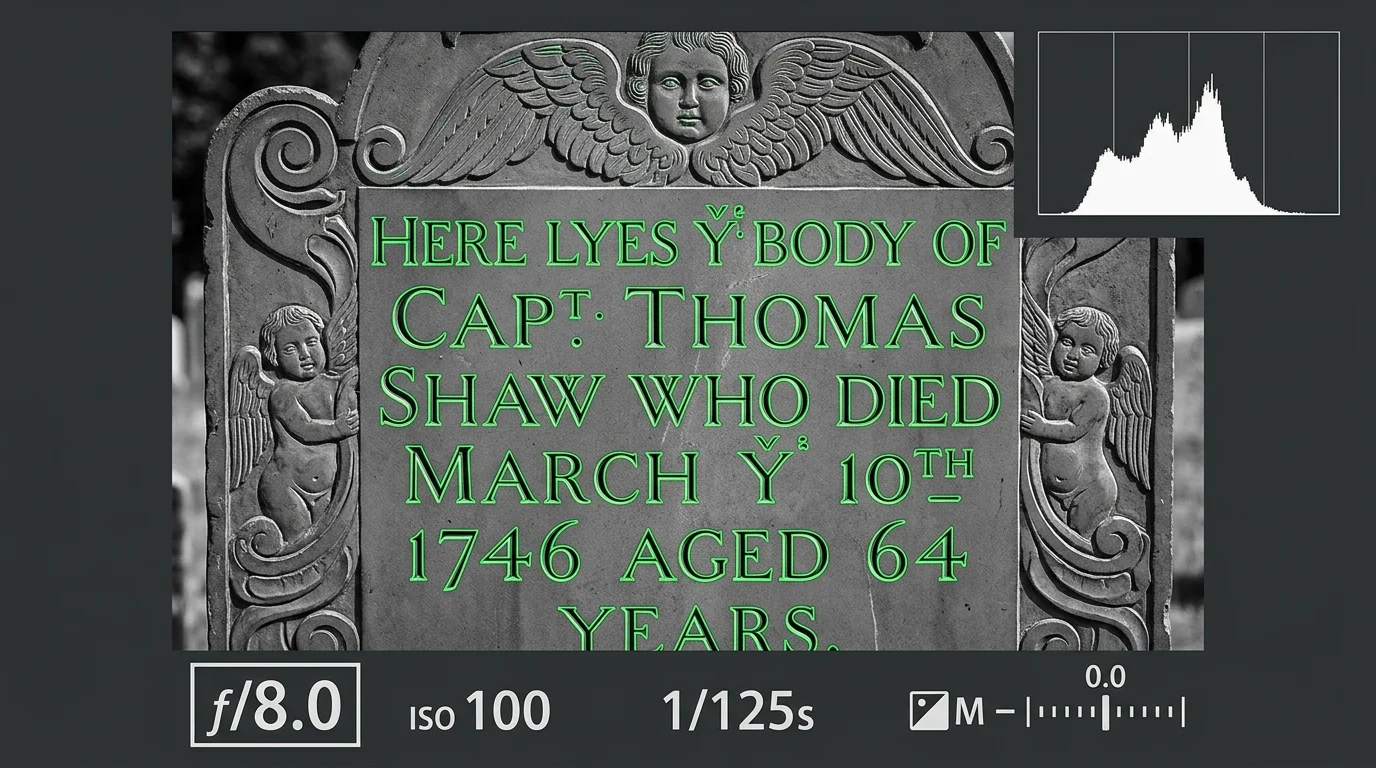 Camera viewfinder display of a gravestone with green focus peaking highlights, exposure histogram, f/8.0, and ISO 100.
