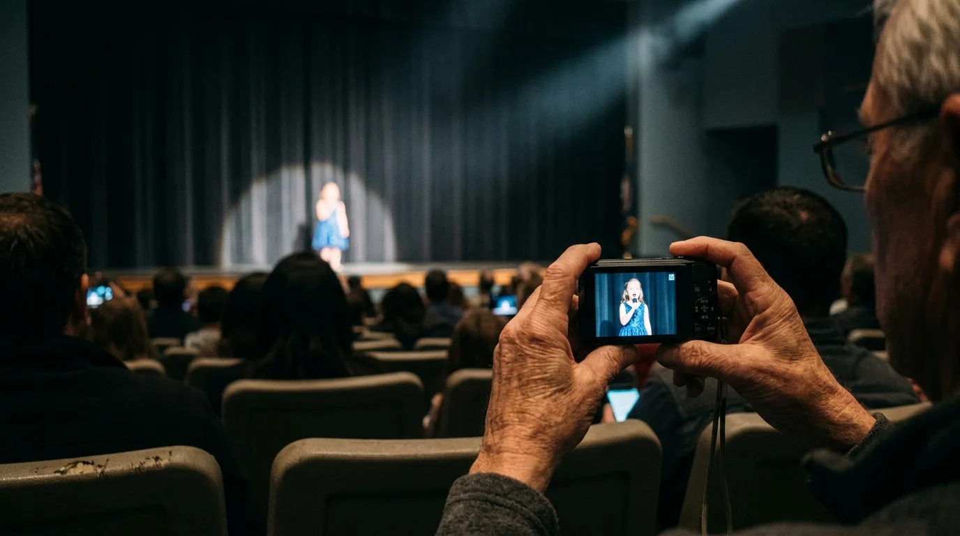 Person in an auditorium audience holding up a digital camera displaying a girl singing on stage in a spotlight.