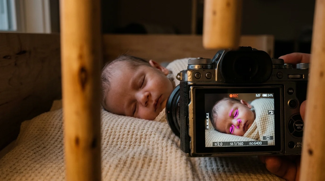 Camera screen displaying a sleeping baby with pink focus peaking highlights on the face, viewed through wooden crib slats.