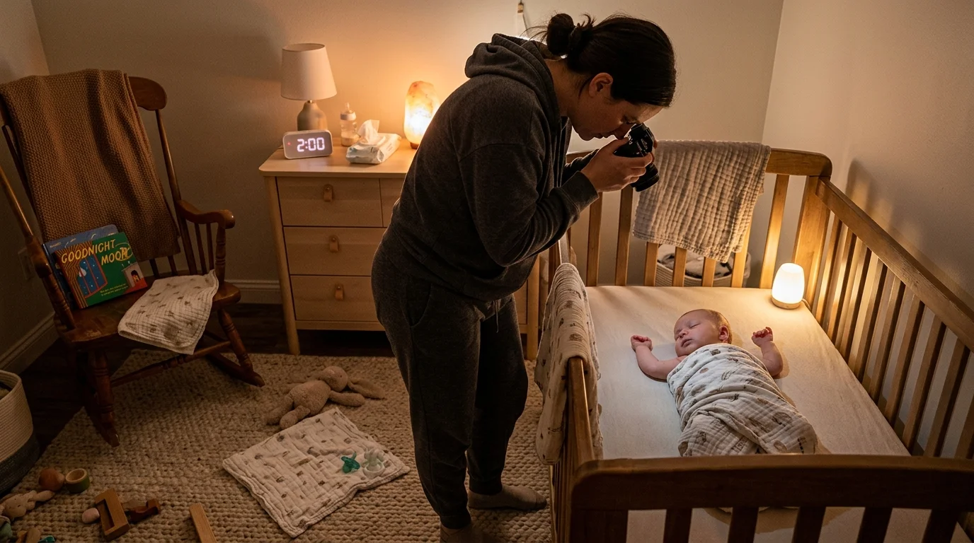 A woman holding a camera leans over a wooden crib to photograph a sleeping swaddled infant illuminated by dim nursery lamps.