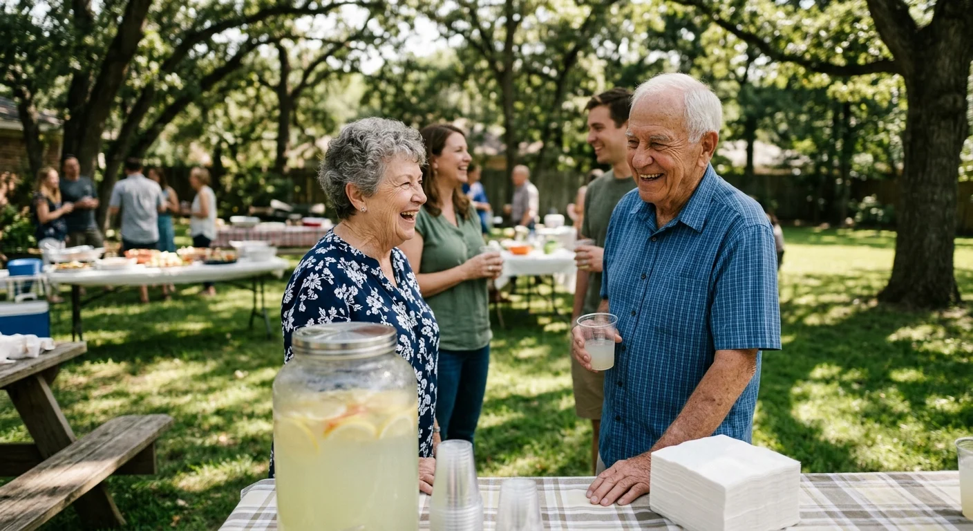 An elderly man and woman laugh together outdoors at a backyard gathering near picnic tables and a lemonade dispenser.