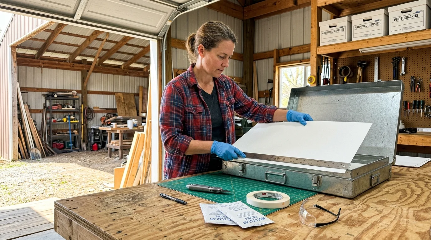 A woman in blue gloves measures a white board over an open metal utility case in a workshop.