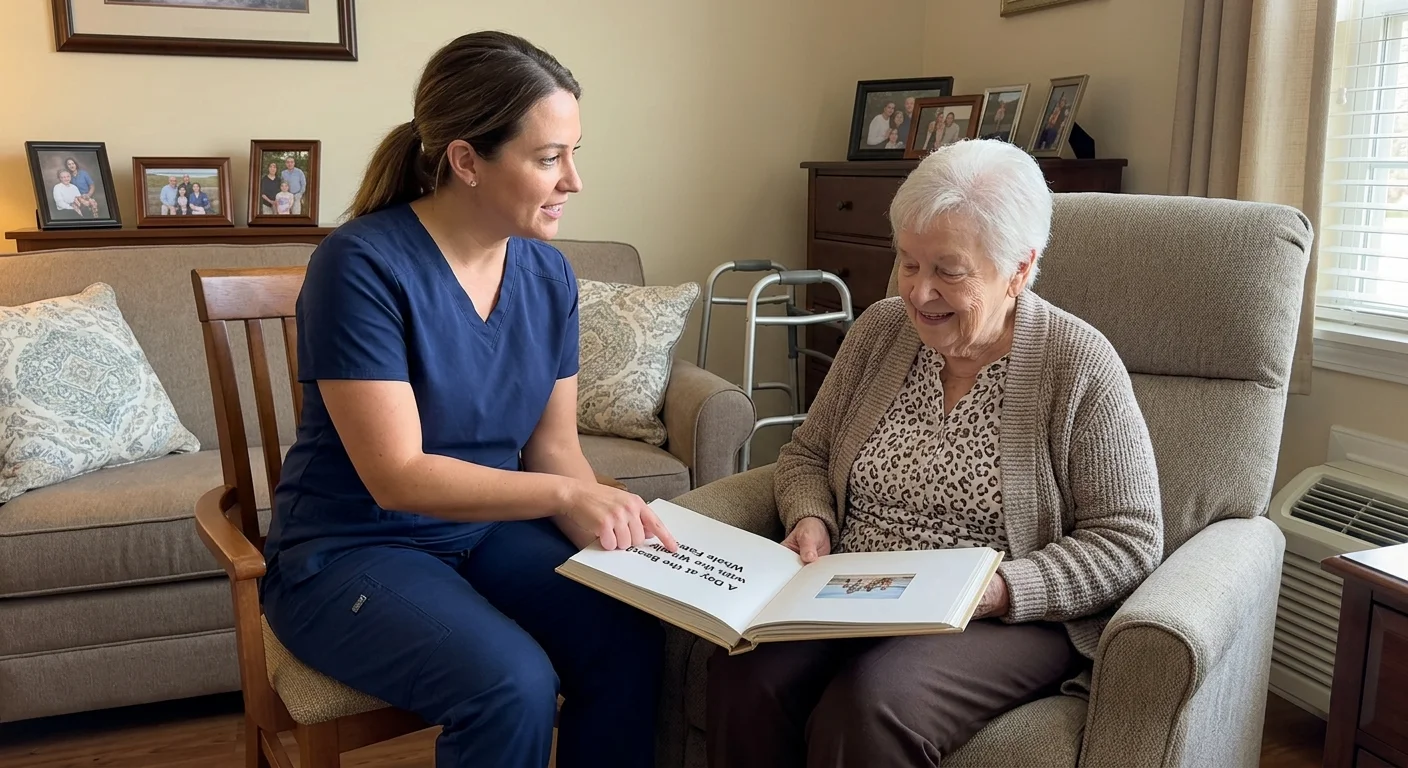 A nurse in blue scrubs sits beside a senior woman, pointing to large bold text in an open photo album.