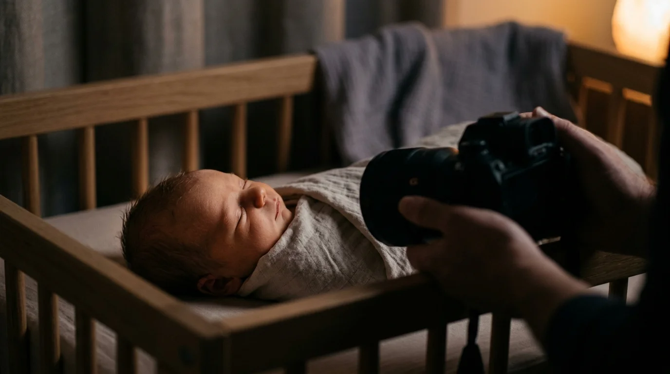 A person holds a black camera aimed closely at a swaddled newborn sleeping peacefully in a wooden crib.