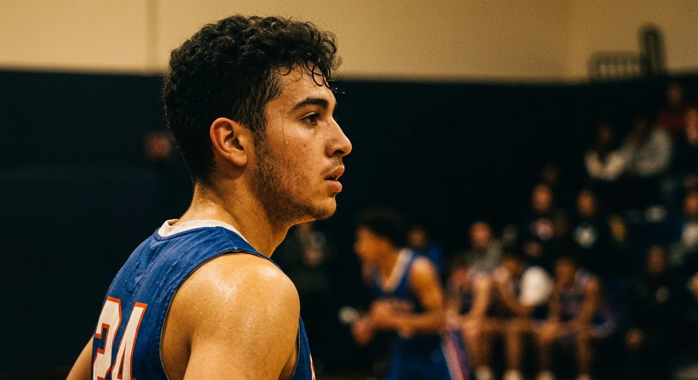Sweaty high school basketball player in a blue jersey looking right in a dimly lit gym with spectators blurred behind him.