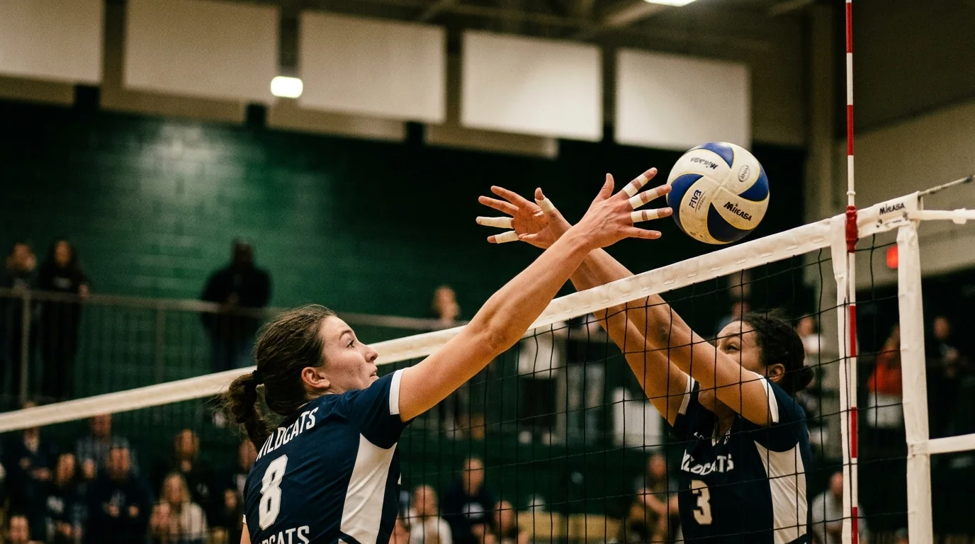 Two female volleyball players reach above the net with outstretched hands toward an airborne volleyball in a gym.
