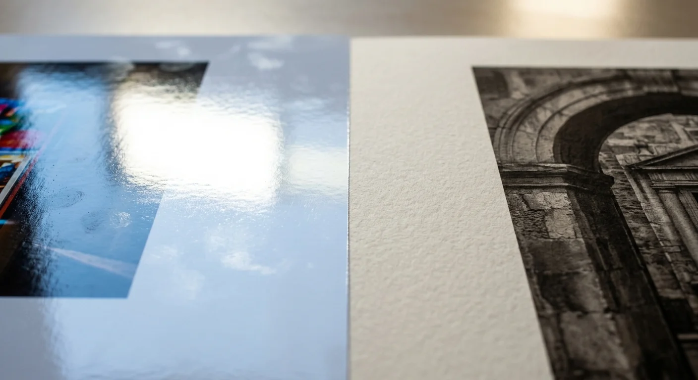 Side-by-side comparison of a glossy photo print reflecting bright light beside a non-glare textured matte art print.
