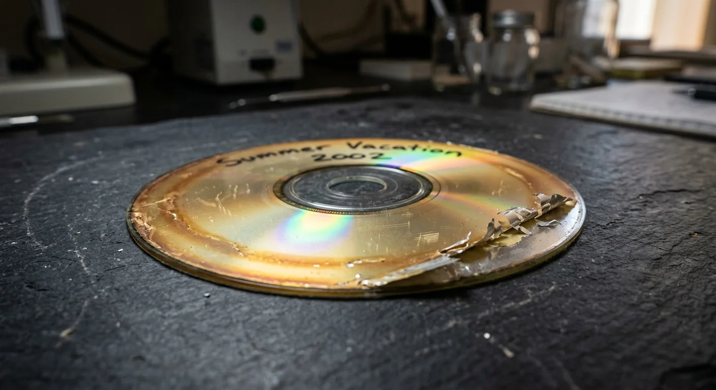 A damaged CD-R labeled Summer Vacation 2002 with amber discoloration rings and peeling foil layers on a dark slate surface.